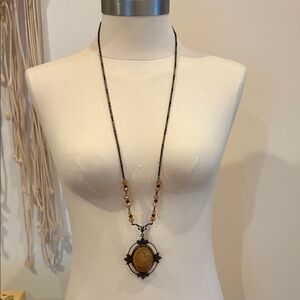 Victorian Art Nouveau Cameo Pendant Long Necklace Bronze w/Nude Woman & Angel